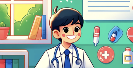 A cartoon of a young medical student at a desk, surrounded by tools like a laptop, notepad, and pen. The room is bright and colorful, with symbols of the medical field such as a stethoscope, a heart symbol, and a medical cross. The student is smiling and focused on their work.